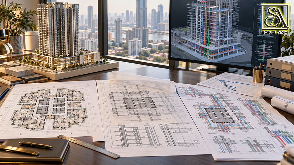ồ sơ kiến trúc, kết cấu và MEP cùng mô hình công trình cao tầng